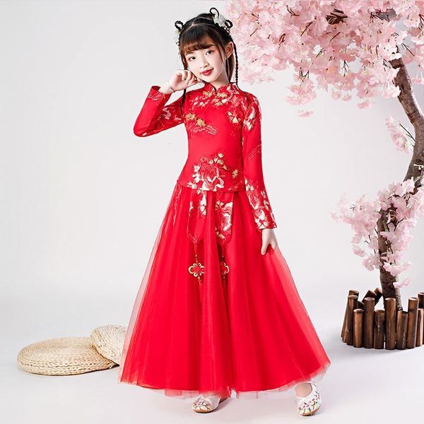 

girls lace cheongsam dress chinese flower girls dresses kids dresses baby elegant clothes traditional dance wear new year dress1, Red