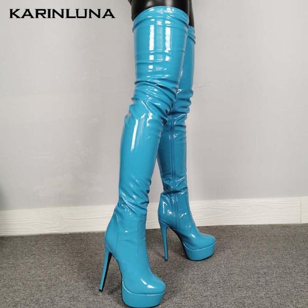 

karin high heels 2020 new arrivals genuine leather pigskin fashionable bright color platform round toe thin heels boots, Black