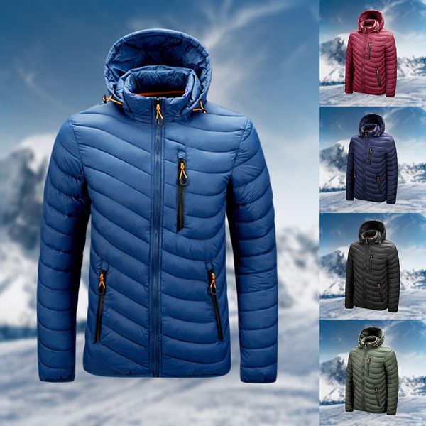 

men's winter thicken coat warm jacket large size detachable hat solid color zipper coat multiple pockets down jacket cotton, Black