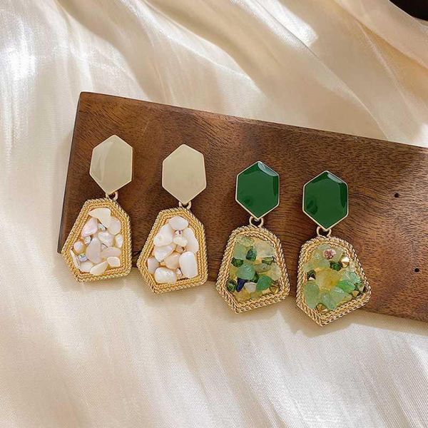 

stud yangliujia2021 tide earrings are retro geometric green transparent stone female party jewelry gifts, Golden;silver