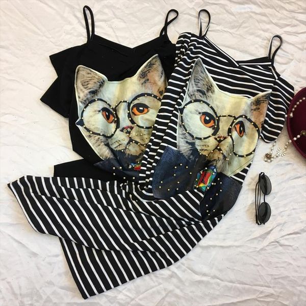 

cute long striped beading dress rivet spaghetti slash neck 3d cat printed straight elastic boho t shirt dresses 2021 new, Black;gray