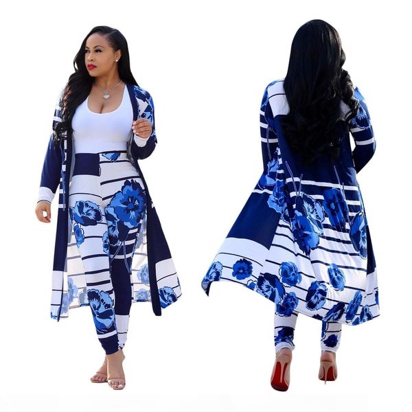 

plus size women two piece set female long sleeve cardigan cloak cape coat and long pants legging ladies floral outfit fashion 2 piece suits, White