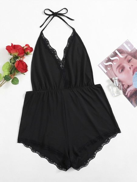 

plus contrast lace tie back halter sleep romper y9me#, Black;white