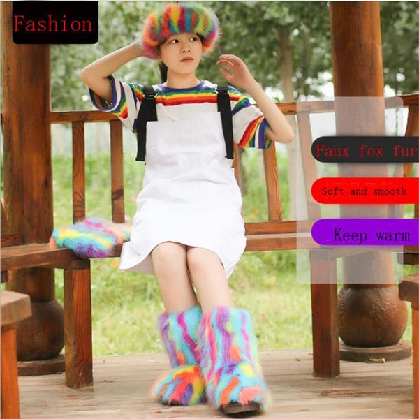 

fashion winter women plush warm faux fur snow boots bag headband set ladies fluffy faux fur luxury furry boots outdoor rainboots, Black