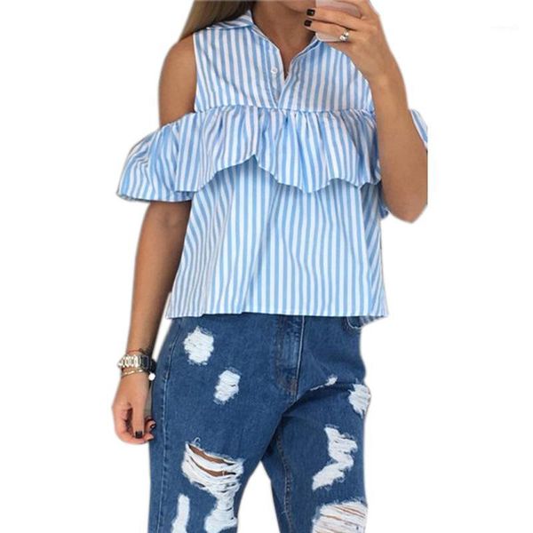 

women fashion off shoulder striped shirts casual flounces ruffles turn-down collar plaid shirt cute summer beachwear lx1671, White