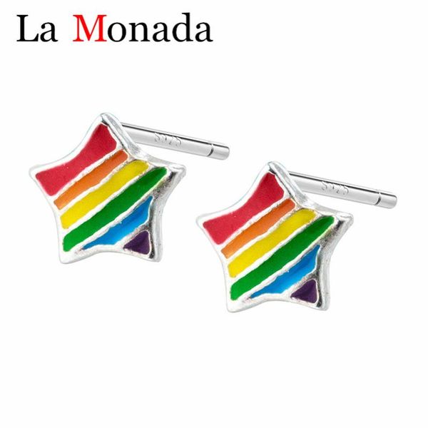 

100% 925 sterling silver earrings tiny rainbow glaze star triangle stud ear jewelry for girls women fashion, Golden;silver
