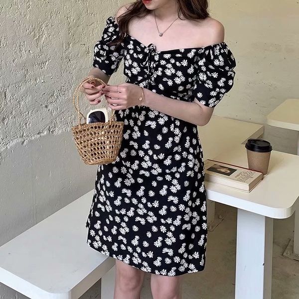 

летний новый daisy цветочные платья короткие юбки женщин корейский высокий стиль талии похудение квадратный воротник короткий рукав элегантн, Black;gray
