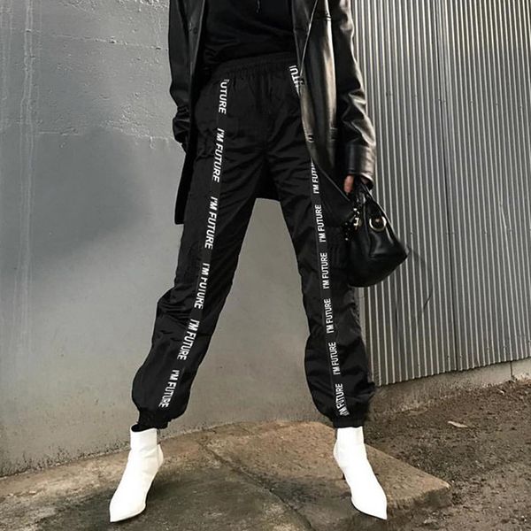 

2020 arem pants trousers women full length loose jogger mujer sporting elastic waist black casual combat streetwear, Black;white