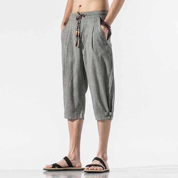 

2020 summer men cotton linen pants mens casual calf-length harem pants male elastic waist vintage trousers joggers men pantalon1, Black