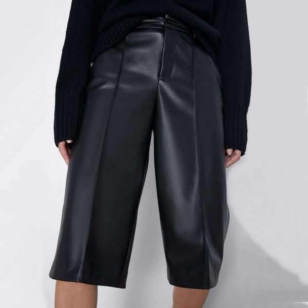 

new fashion autumn women mid waist black faux leather knee length pants ladies pu elegant pockets zipper button trousers y200418, Black;white