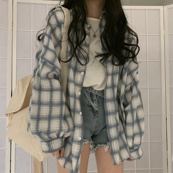 

blue plaid print blouse women casual long sleeve shirts blouse loose summer new streetwear hip hop thin korean shirts button1, White