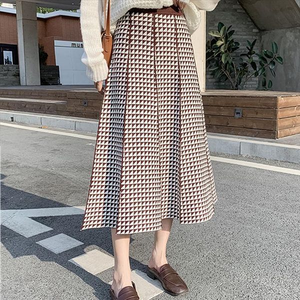 

thick warm women pleated skirt high waist knitted geometry new autumn winter long a line sweater mujer faldas, Black