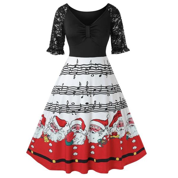 

women half sleeve lace patchwork a line v neck dress christmas santa claus musical notes print dress woman clothes @40, Black;gray