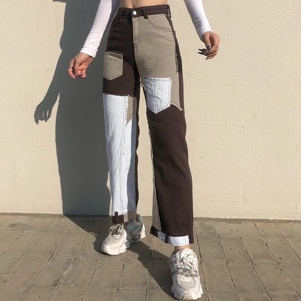 

2021 brown denim pants capris patchwork straight long jeans pants women skinny slim elegant high waist denim trousers fashion, Blue