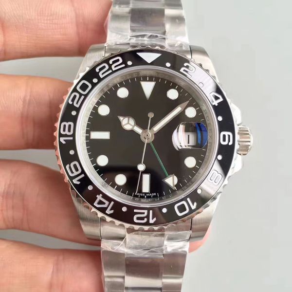 

classic mens sports watch gmt 40mm black dial rotary ceramic ring automatic mechanical 316 folding buckle waterproof wristwatch, Slivery;brown