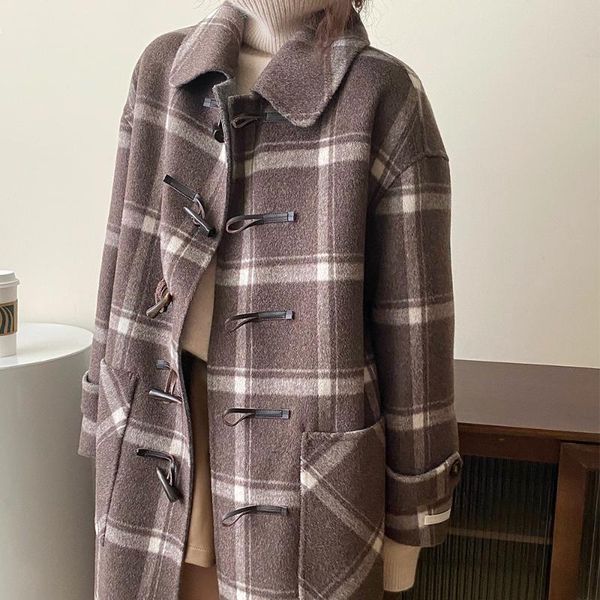 

korean plaid hooded cow horn button double side cashmere coat loose medium length small tweed coat women's c001, Black