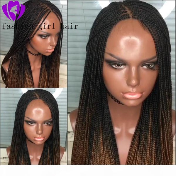 

long ombre brown braided box braids synthetic lace front wig heat resistant fiber hair black glueless lace wigs for women with baby hair, Black;brown