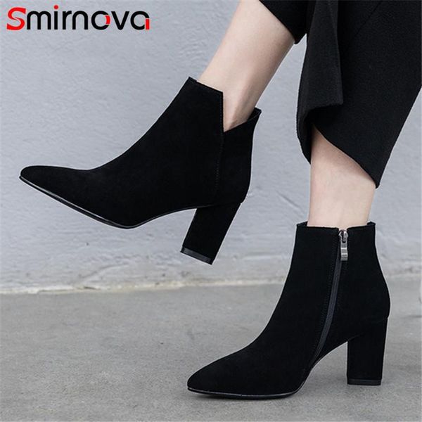 

смирнова 2021 горячая продажа платья офиса обувь женщины ботильоны замша zip остроконечные toe осень зима высокий каблук сапоги женщины, Black