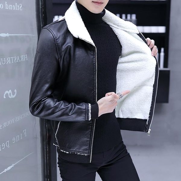 

men's fur & faux autumn winter leather jacket one thick men warm large size 4xl slim short coats, Black