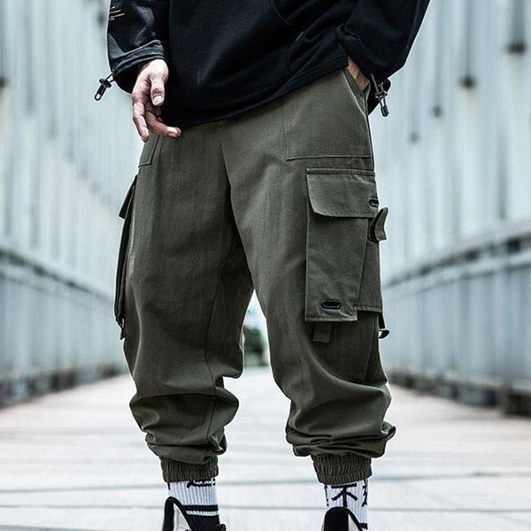 

men's pants cargo joggers men black harem multi-pocket belts man sweatpants streetwear casual elastic waist male trouser