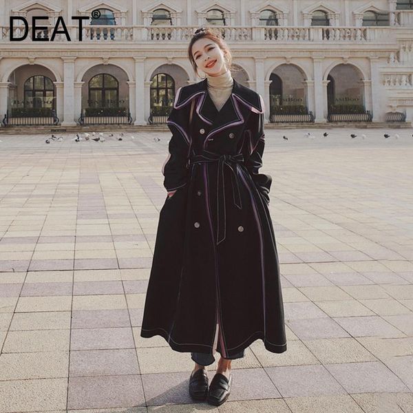 

[deat] 2020 new autumn fashion women trench coat purple striped full sleeve slim lapel collar high street long with belt tx577, Tan;black