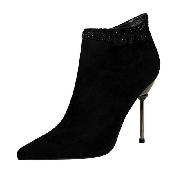 

boots meriahzheng fashion banquet short tube women's thin heeled suede pointed rhinestone slimming ds-663-8, Black