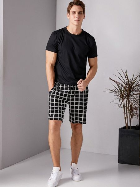 

men tee with plaid drawstring shorts j3dv#, Gray