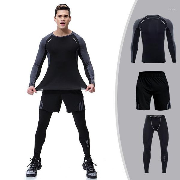 

2018 new autumn winter mens long sleeve +trousers+shorts 3 suit arrival quick dry compression shirt fitness clothing men set set1, Gray