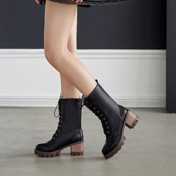 

boots big size 9 10 11 12 women woman winter shoes botas cross lacing with cut-out lace on thick base, Black