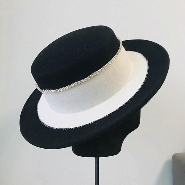 

new fashion black white patchwork felt hat for women flat boater hat crystal trim wide brim fedoras ladies winter hats, Blue;gray