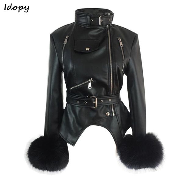 

idopy women`s faux leather jacket gothic pu faux fur cuffs winter warm thicken punk black motorcycle leather coat for female
