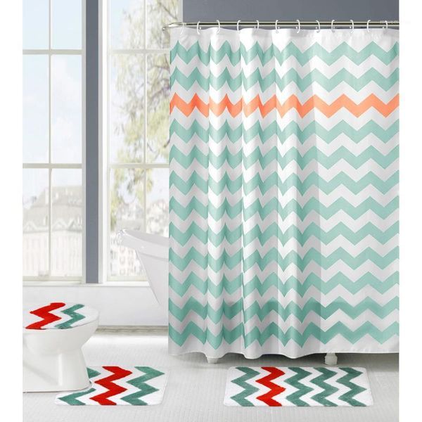 

4pcs ripple pattern non slip polyester waterproof toilet seat cover and rug + shower curtain bathroom set decor1
