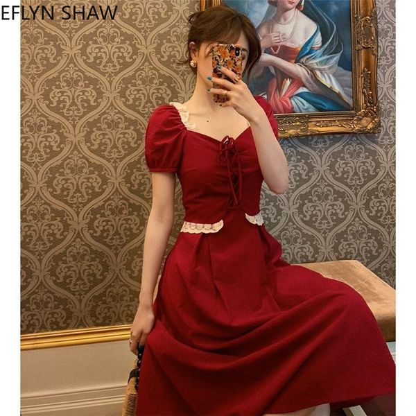 

2021 new vintage-style hepburn square neck bubble cord red summer short elegant fairy dress high waist wfdy, Black;gray
