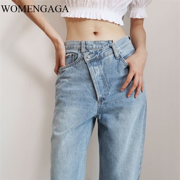 

2020 summer new fashion light blue women asymmetric fly jeans with button closure split waist straight leg jeans plus size 2s4f 1017