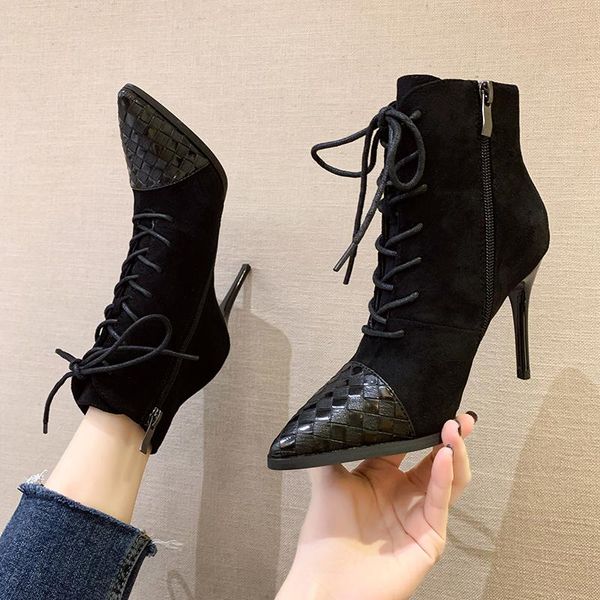 

boots boots-women round toe booties woman 2020 high heels pointe shoes luxury designer stiletto low pointy rock fashion, Black