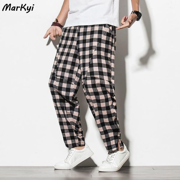

markyi 2020 new plaid harem pants men plus size 5xl cotton sweatpants for men casual pants1, Black