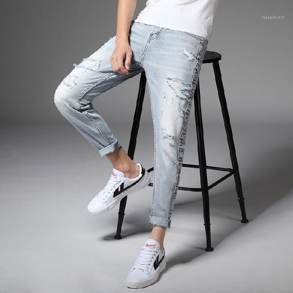 

summer new male jeans fashion slim fit hole jeans korean style for men1, Blue