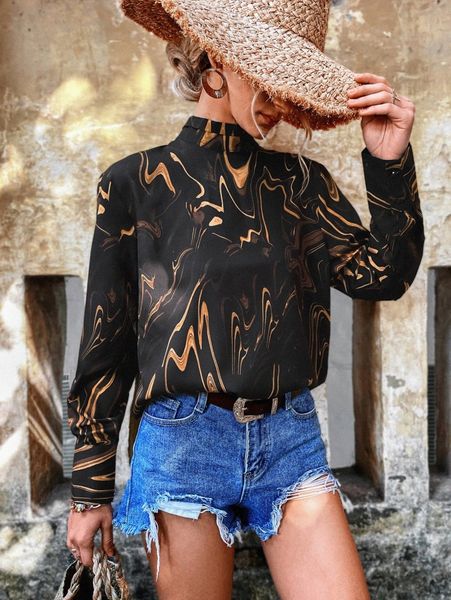 

graphic print high neck keyhole back blouse g4h4#, White