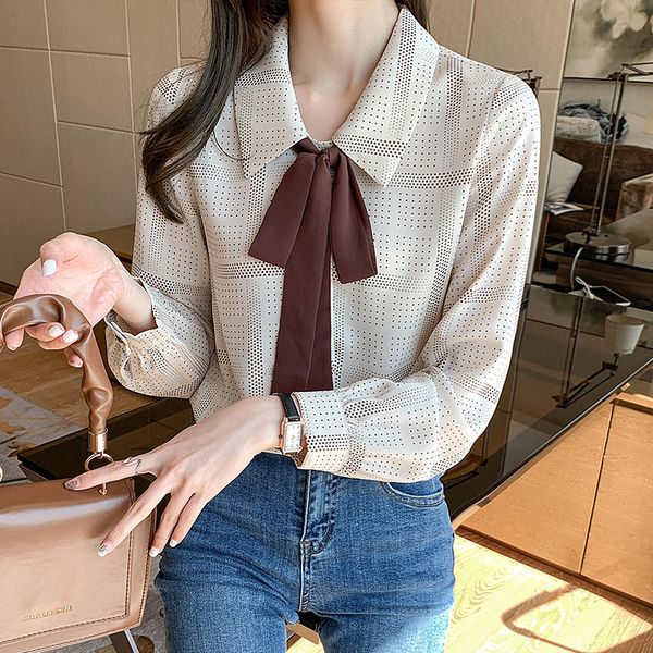 

2021 new elegant chiffon shirt of women little polka dots long female lady from the vintage hongkong-style office blouse spring m3vy, White