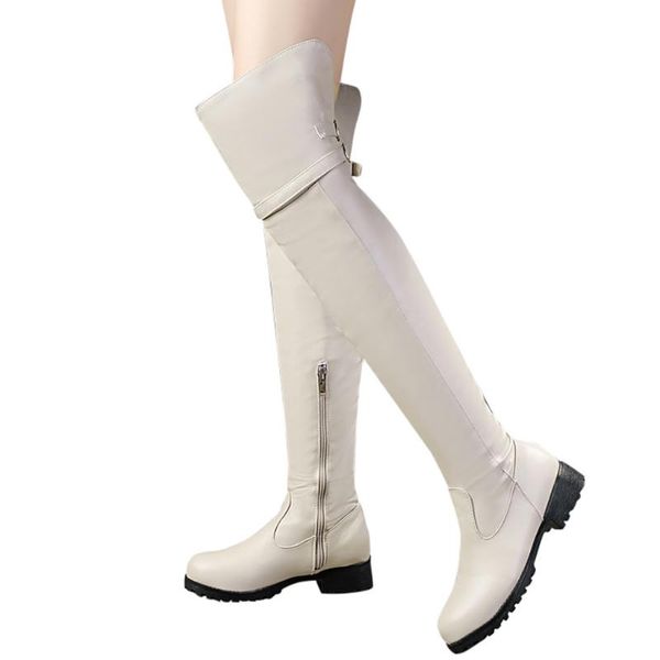 

fashion pure color long boots round toe buckle strap zipper boots square heels vintage 2020 leather solid color women, Black