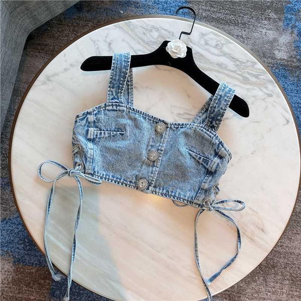 

high street fashion 2020 designer dress women's sling drawstring denim short blouse, White