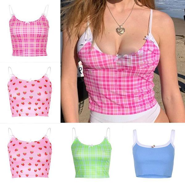 

camis summer plaid cute crop tees backless spaghetti strap streetwear1, White