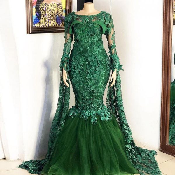 

green appliques lace mermaid evening dresses scoop neck long sleeve beaded sweep trian evening gowns prom dress, Black;red