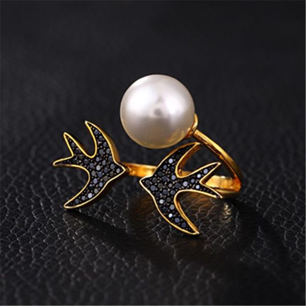 

new gold color ring classic temperament female models exaggerated swallow inlaid zircon pearl opening hand jewelry, Slivery;golden