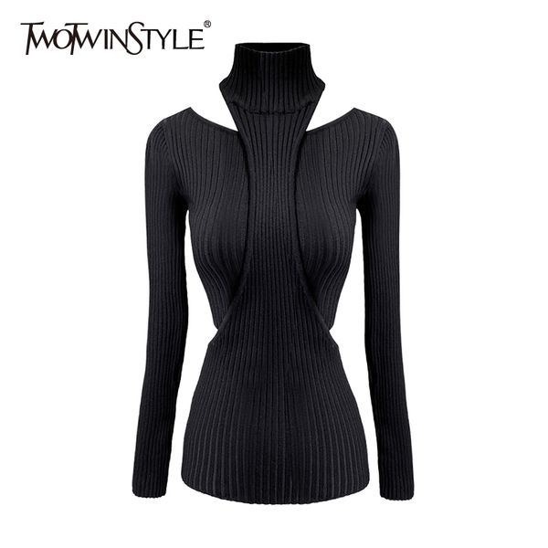

twotwinstyle black sweater for women slash neck halter long sleeve slim knitted pullovers female fashion new clothes 201130, White;black