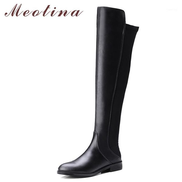 

boots meotina winter thigh high women natural genuine leather thick heel over the knee slim stretch zipper shoes ladies 391, Black