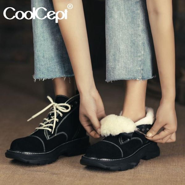 

coolcept women boots real leather warm plush fur winter shoes woman ankle snow boots fashion lace up boot women size 34-42, Black
