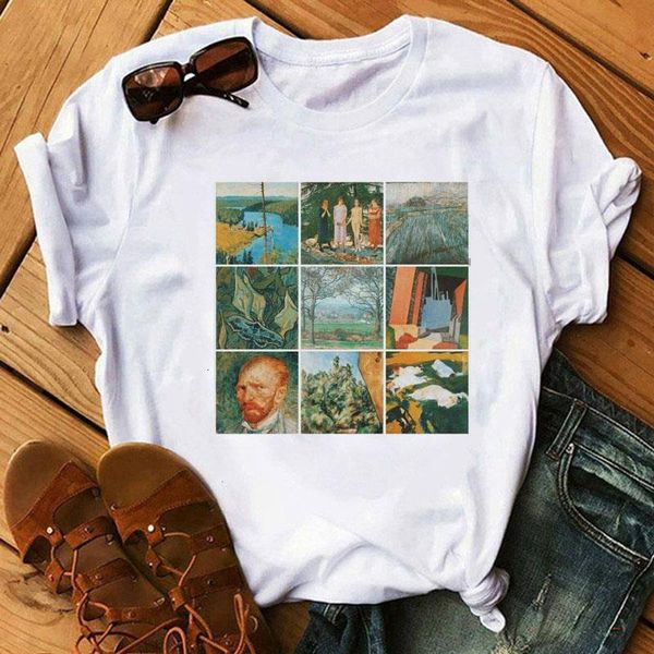 

new fashion women tshirt casual female short sleeve van gogh oil painting tee shirt loose summer harajuku ulzzang t-shirt, White