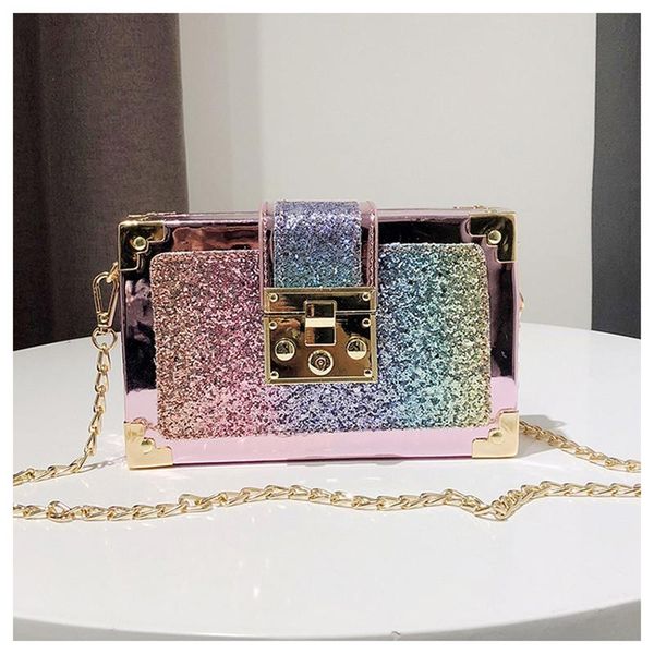 

2020 fashion sequins pu leather chains women box bags female shoulder bags retro women messenger panelled shoulder bag pink