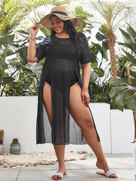

plus sheer split hem cover up n5pm#, Black